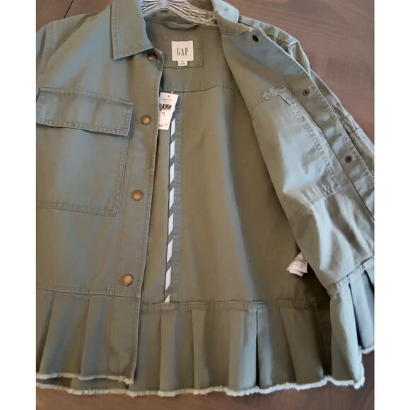 Gap Utility Jacket Women's Size XS  Green Frayed Pleated Peplum Hem Pockets Snap - Picture 9 of 15